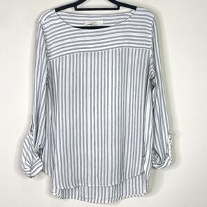 LOFT Roll Tab Sleeve Flowy Striped Blouse Women's Size Medium Petite